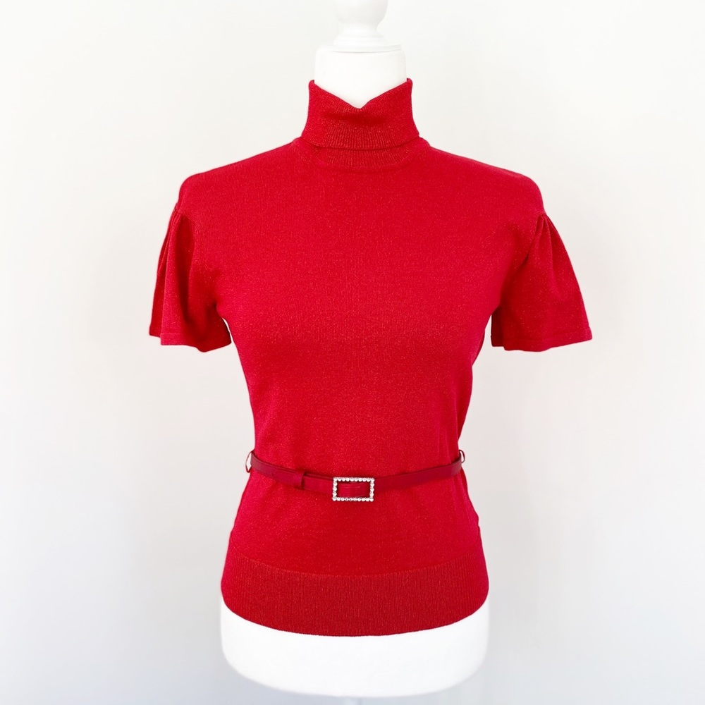 Metallic Red Turtleneck Flutter Sleeve Belted Top - image 1